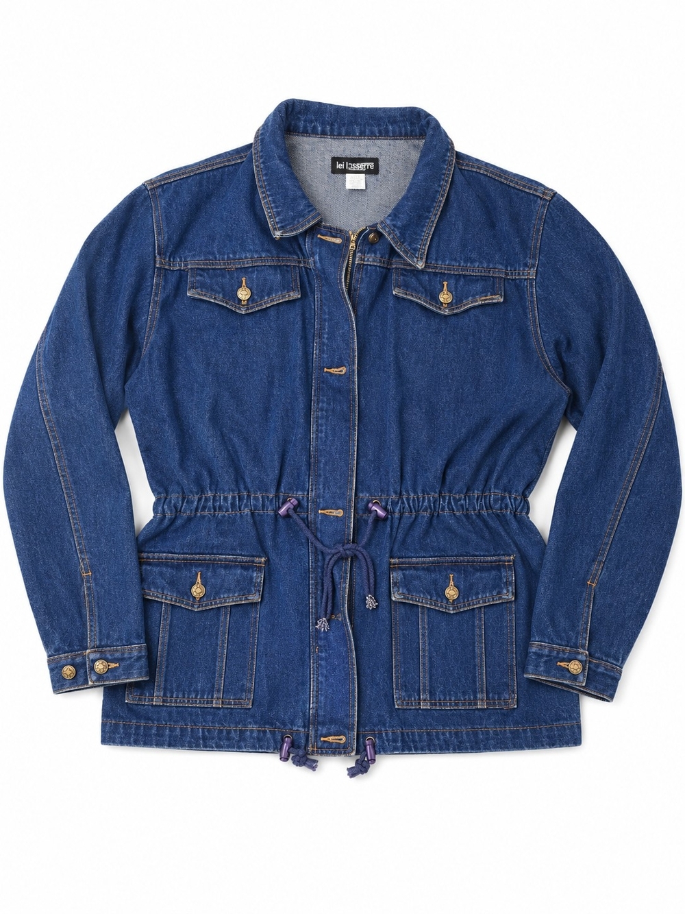 Vintage Denim Drawstring Jacket With Zip And Bottons